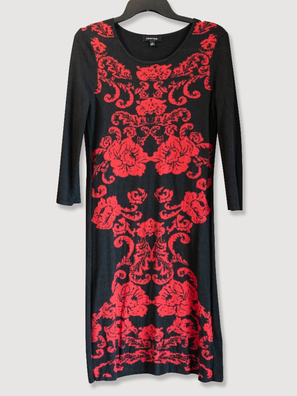 Spense Black Tapestry Dress Intarsia Knit Corporate Red Floral Baroque Midi